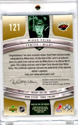 2005-06 Upper Deck The Cup Rookie Patch Auto Gold 21/21 JSY # 1/1 Mikko Koivu back